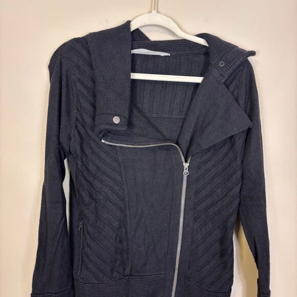 Athleta Black Oversized Collar Zip Up Nylon and Wool Sweater Medium - Picture 3 of 9